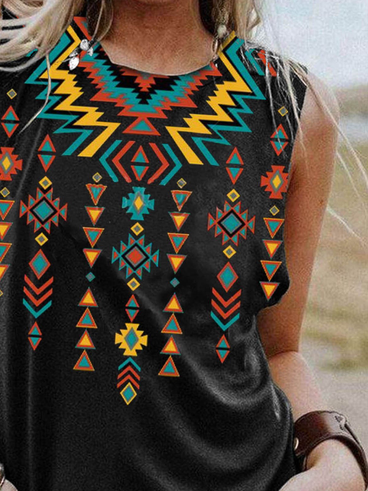 Geometric Crew Neck Short Sleeve Cotton-Blend Shirts & Tops