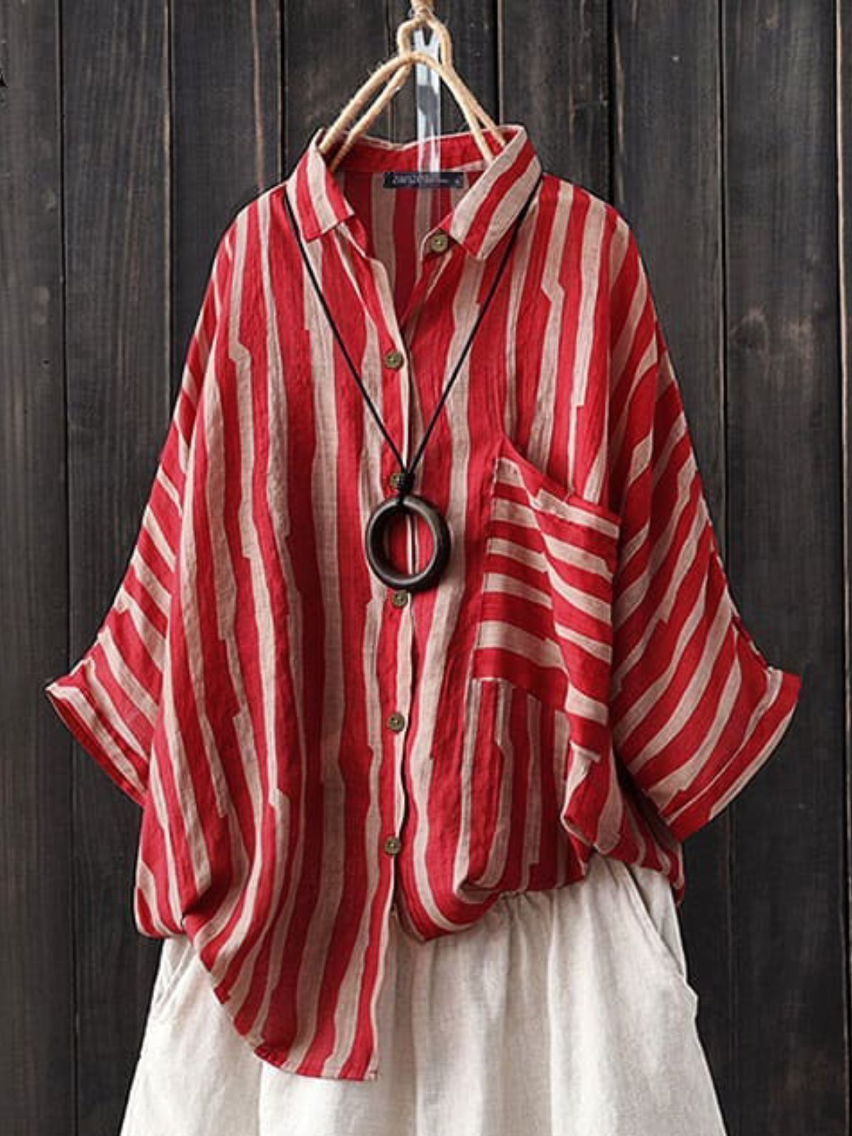 Red 3/4 Sleeve Cotton-Blend Shirt Collar Shirts & Tops