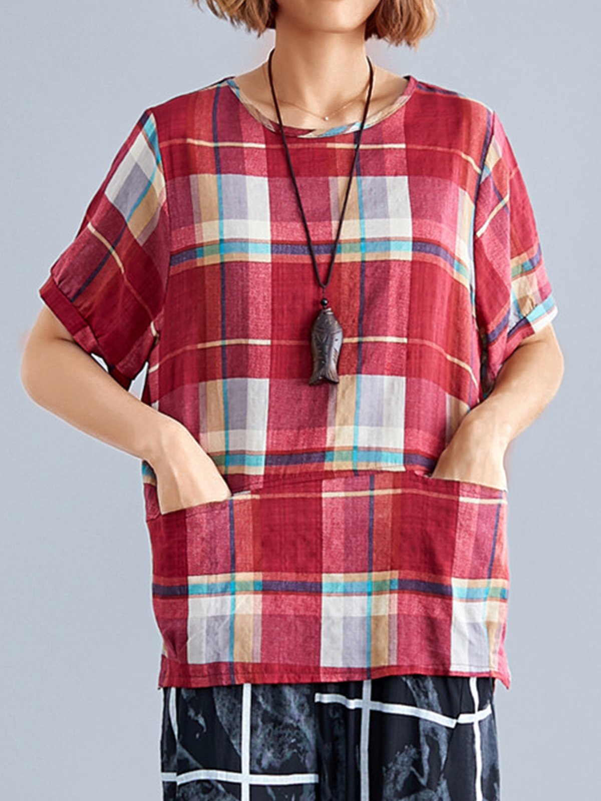 Plus Size Women Short Sleeve Round Neck Vintage Plaid Floral Casual Tops