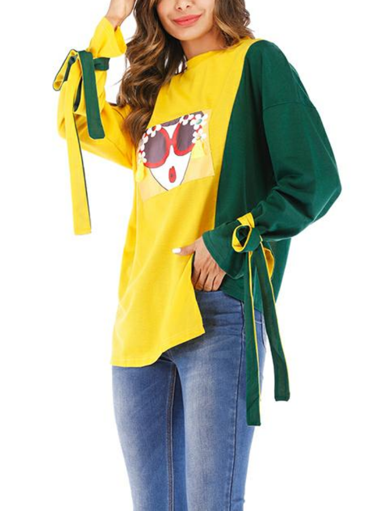 Bowknot Cotton Vintage Printed O-Neck Blouse & Shirts