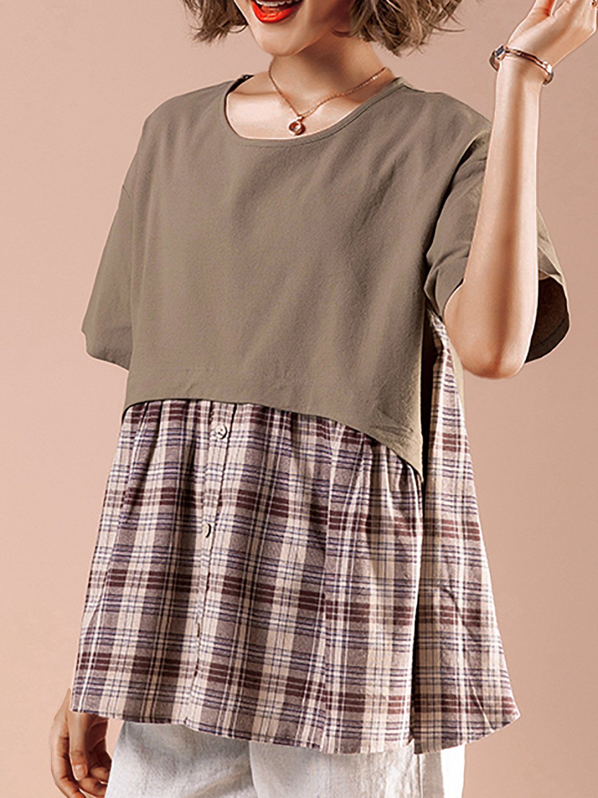 Short Sleeve  Cotton And Linen Stitching Plaid   Casual  T-shirt