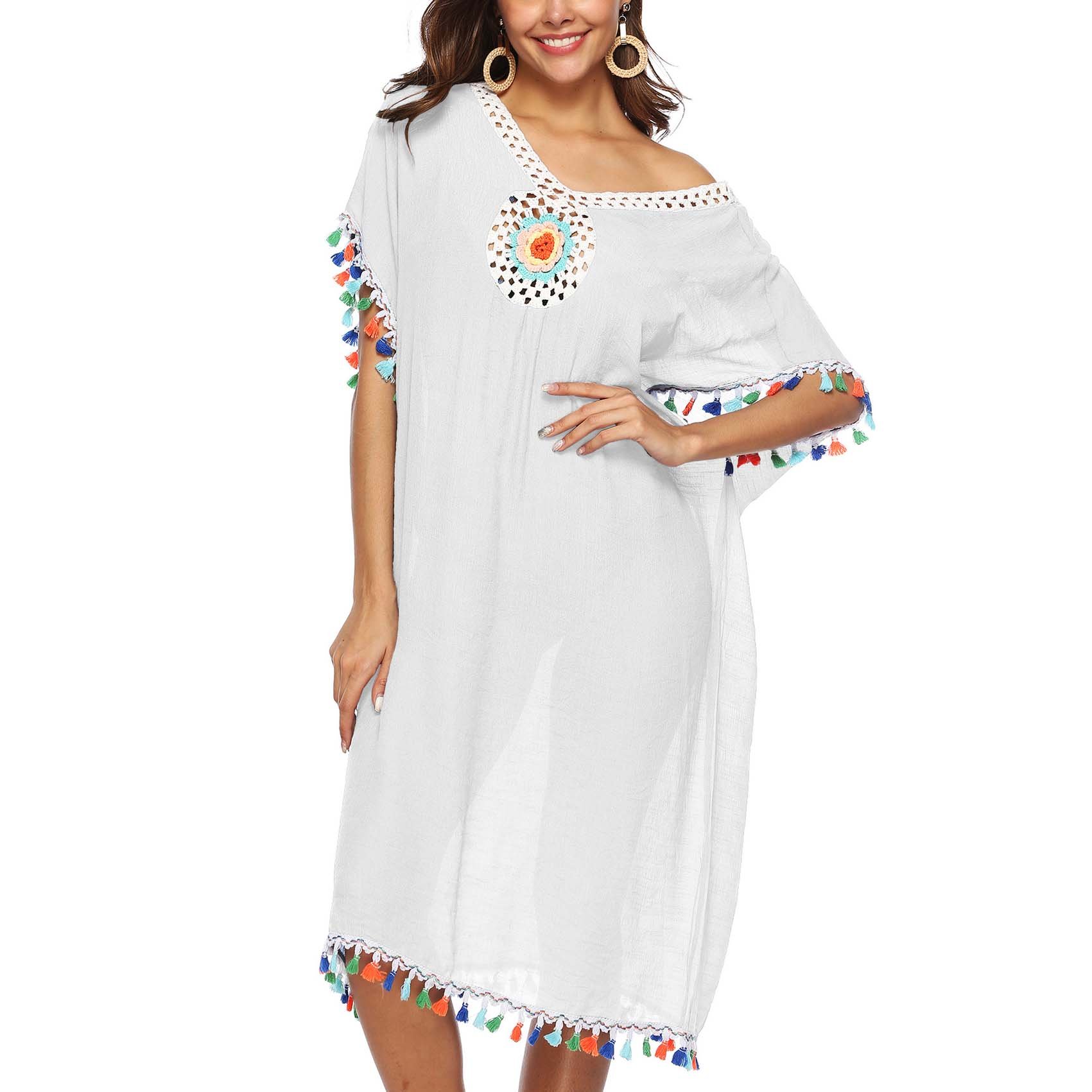 Accesoriu Loose pentru Plaja, cu Ciucuri Colorati, Maneca Carlig, Cusaturi Floare