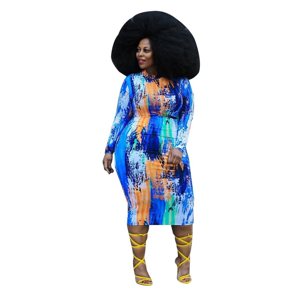 Plus Size Tie Dye Midi Dress with Full Sleeves