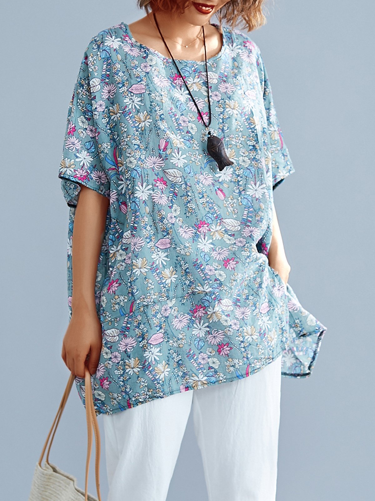 Women Short Sleeve Round Neck Vintage Floral Casual Tops