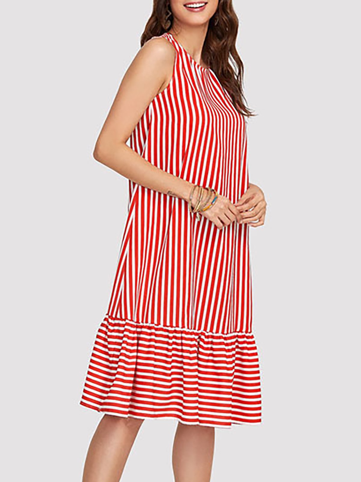 Red Striped Polyester Basic Casual Dress