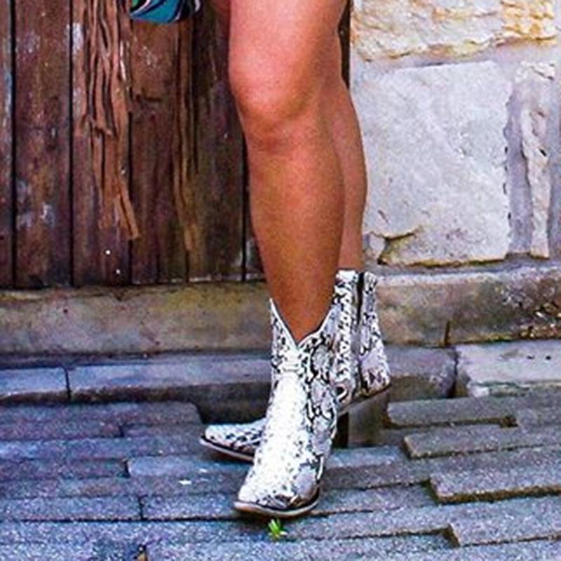 Snakeskin Med (3-8Cm) Closed Toe Chunky Heel Women Boots