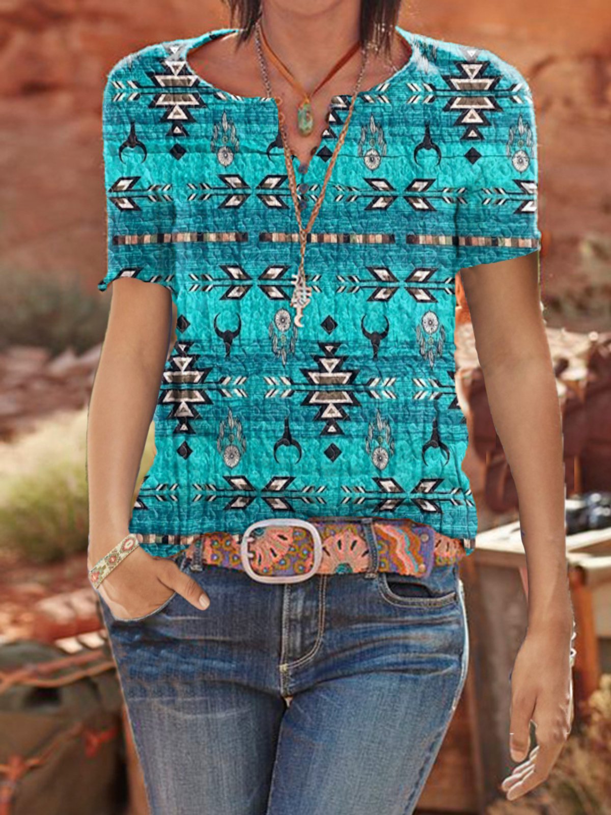 Short Sleeve Geometric Casual Shirts & Tops