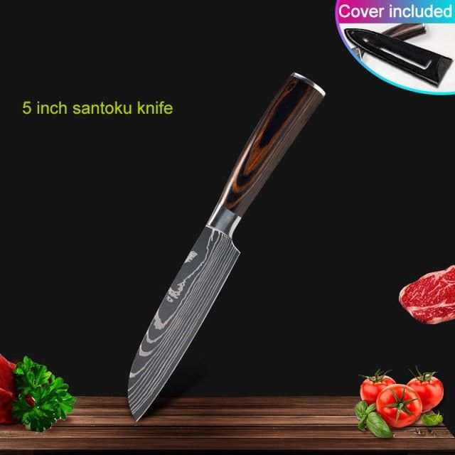 Kitchen knives Set Professional Chef Knives Stainless Steel Imitation Damascus Pattern Santoku Cleaver Slicing Utility Knives