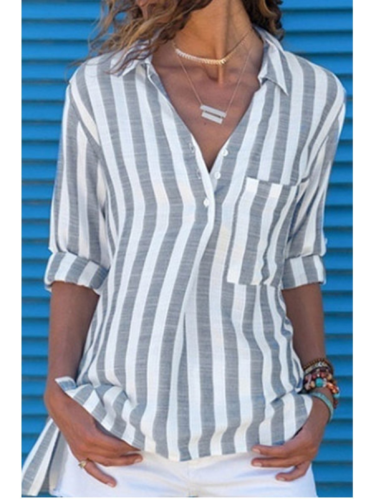 Long Sleeve Cotton Pockets Striped Shirts & Tops