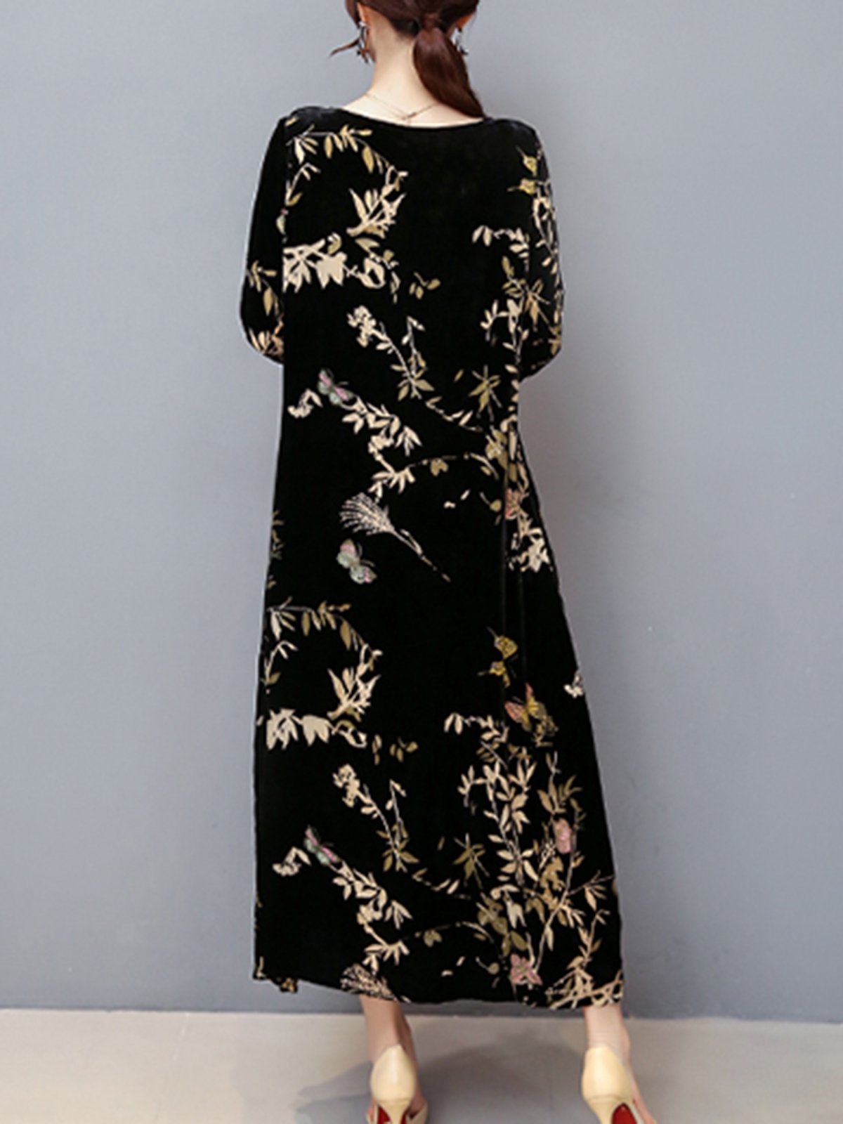 Women Casual Velvet Pockets Plus Size Printed Dress