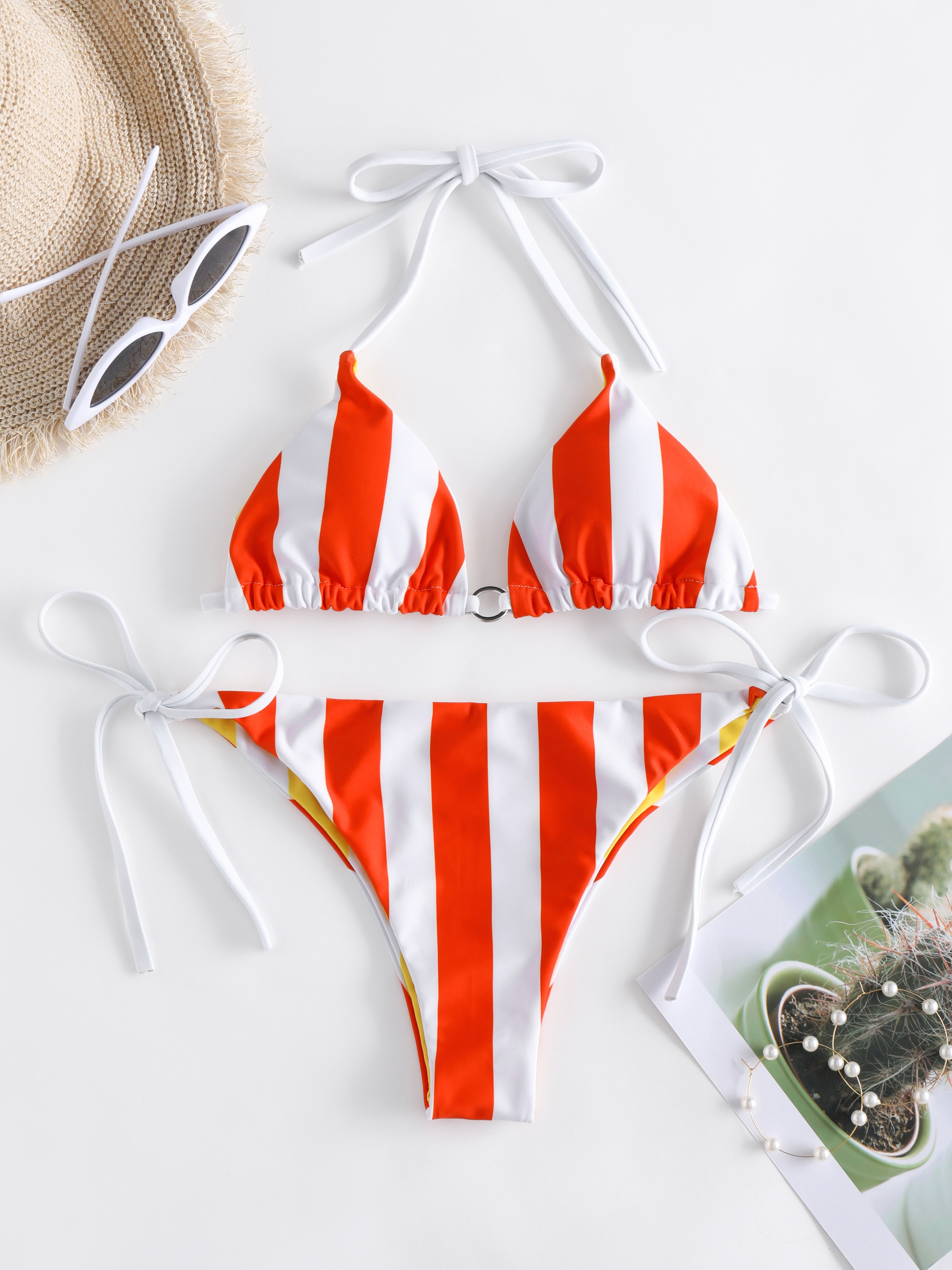 Stripe Pattern O Ring Triangle Bikini