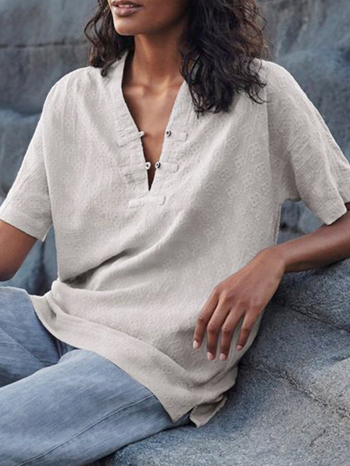 Short Sleeve Casual Solid V Neck Shirts & Tops
