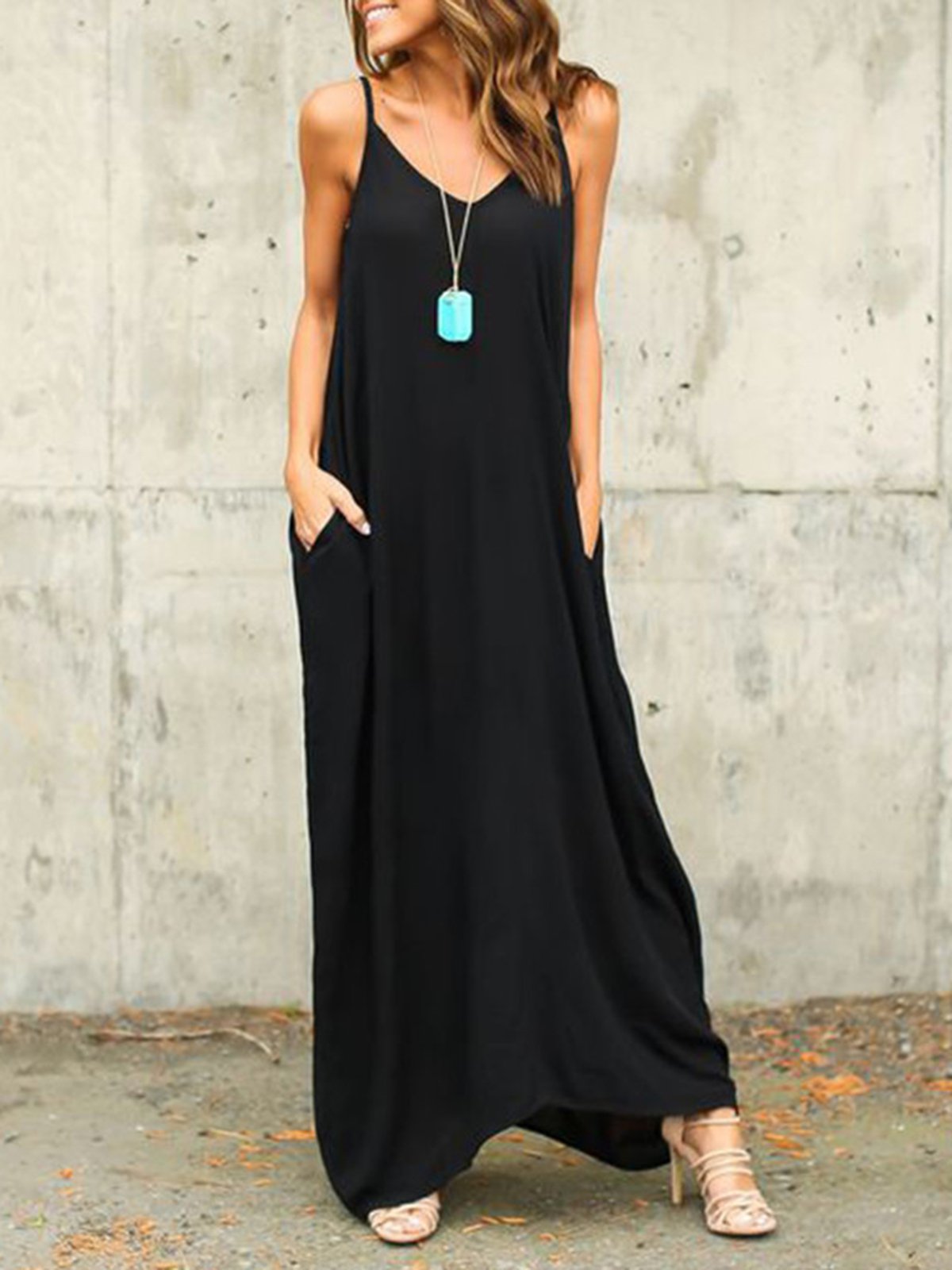 Spaghetti A-line Resort Solid Dress