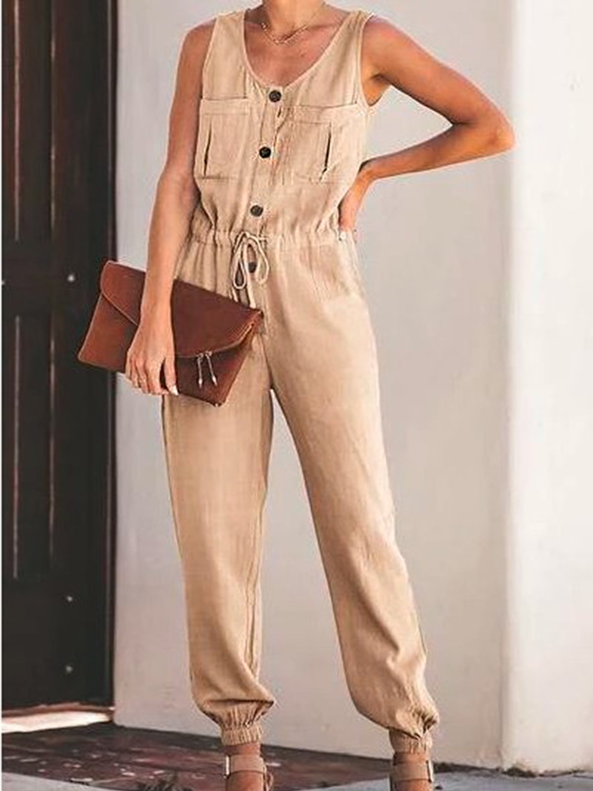 Apricot Cotton Casual V Neck Plain One-Pieces