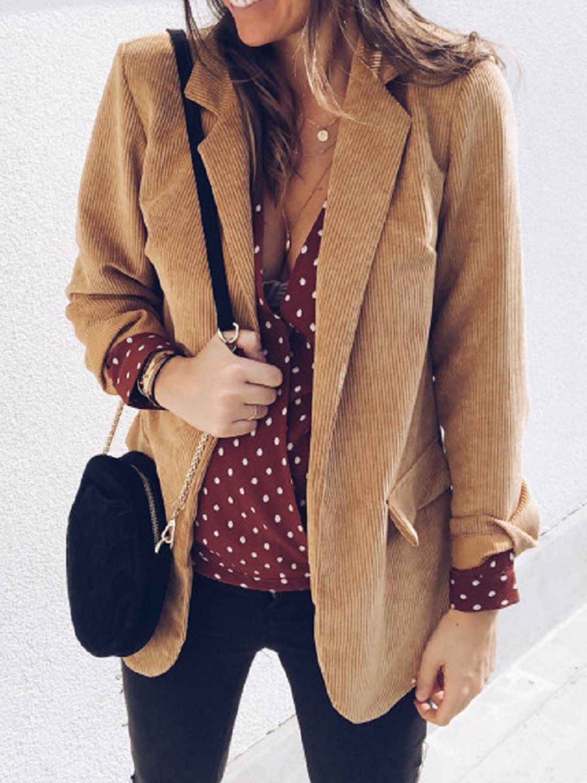 Brown Long Sleeve Solid Buttoned Corduroy Blazers
