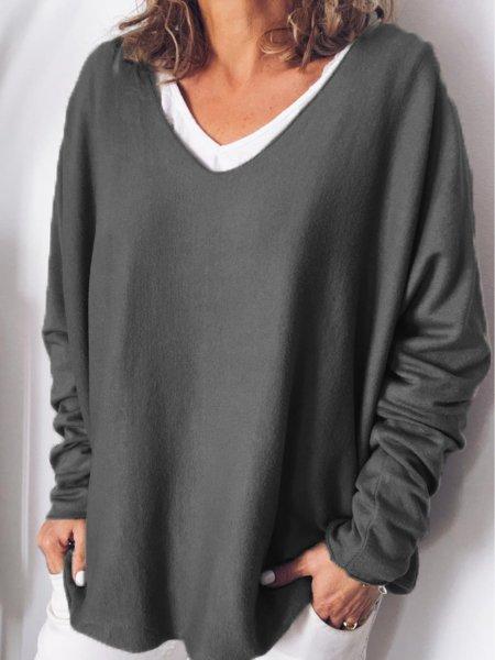 Long Sleeve Casual Solid V Neck Shirts & Tops