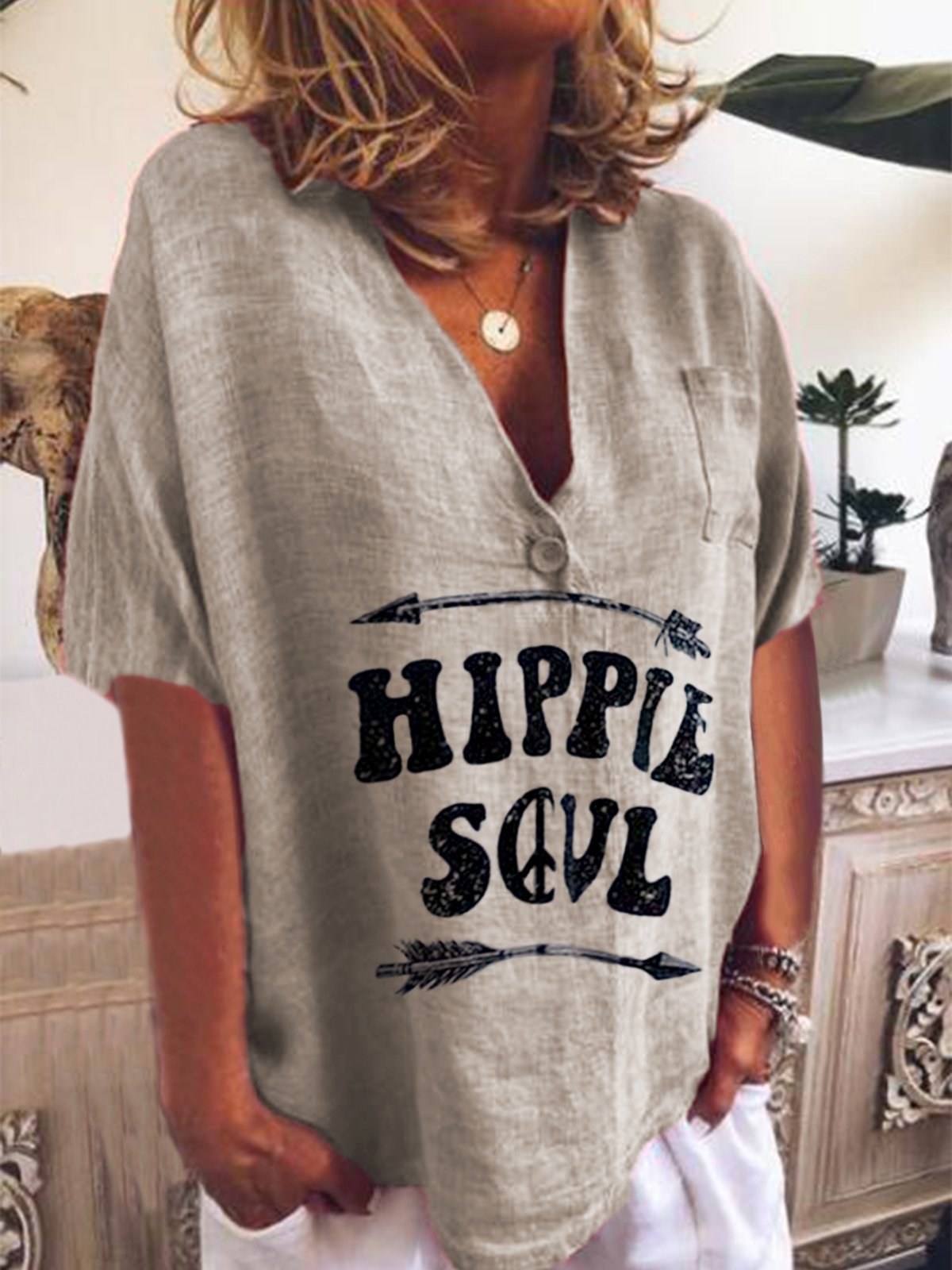 V Neck Short Sleeve Cotton-Blend Shirts & Tops