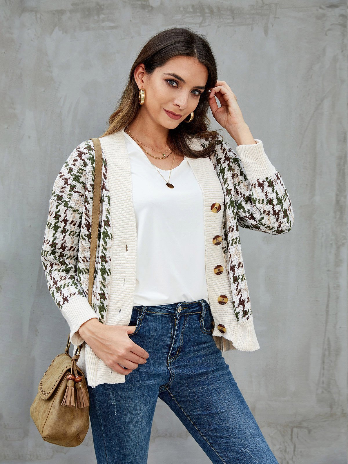 Khaki Vintage Shift Cotton Houndstooth Cardigan