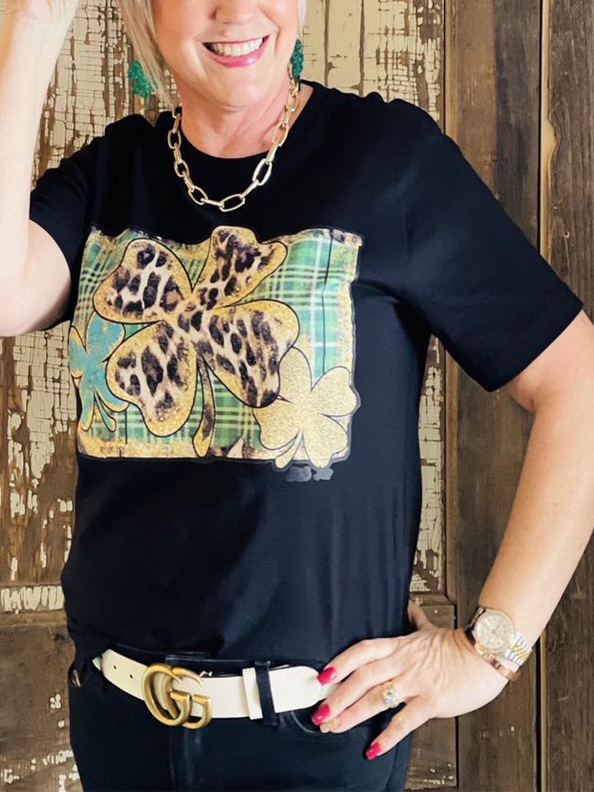 Casual Short Sleeve Crew Neck Leaves Shirts & Tops