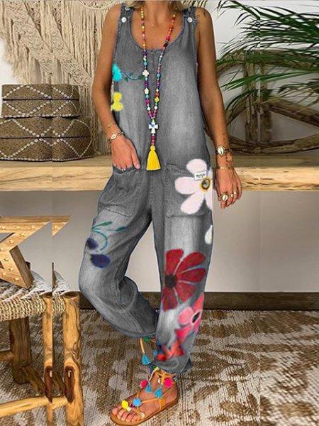 Floral Denim Sleeveless One-Pieces