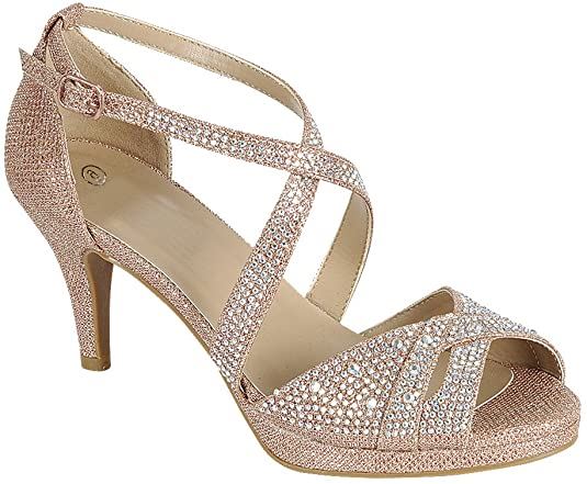 Toe Crisscross Ankle Strappy Glitter Crystal Rhinestone Mid Heel Sandal