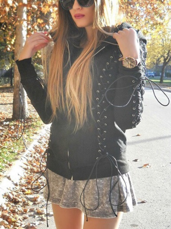 Criss-cross Tie Long Sleeve Hoodie Polyamide Coat