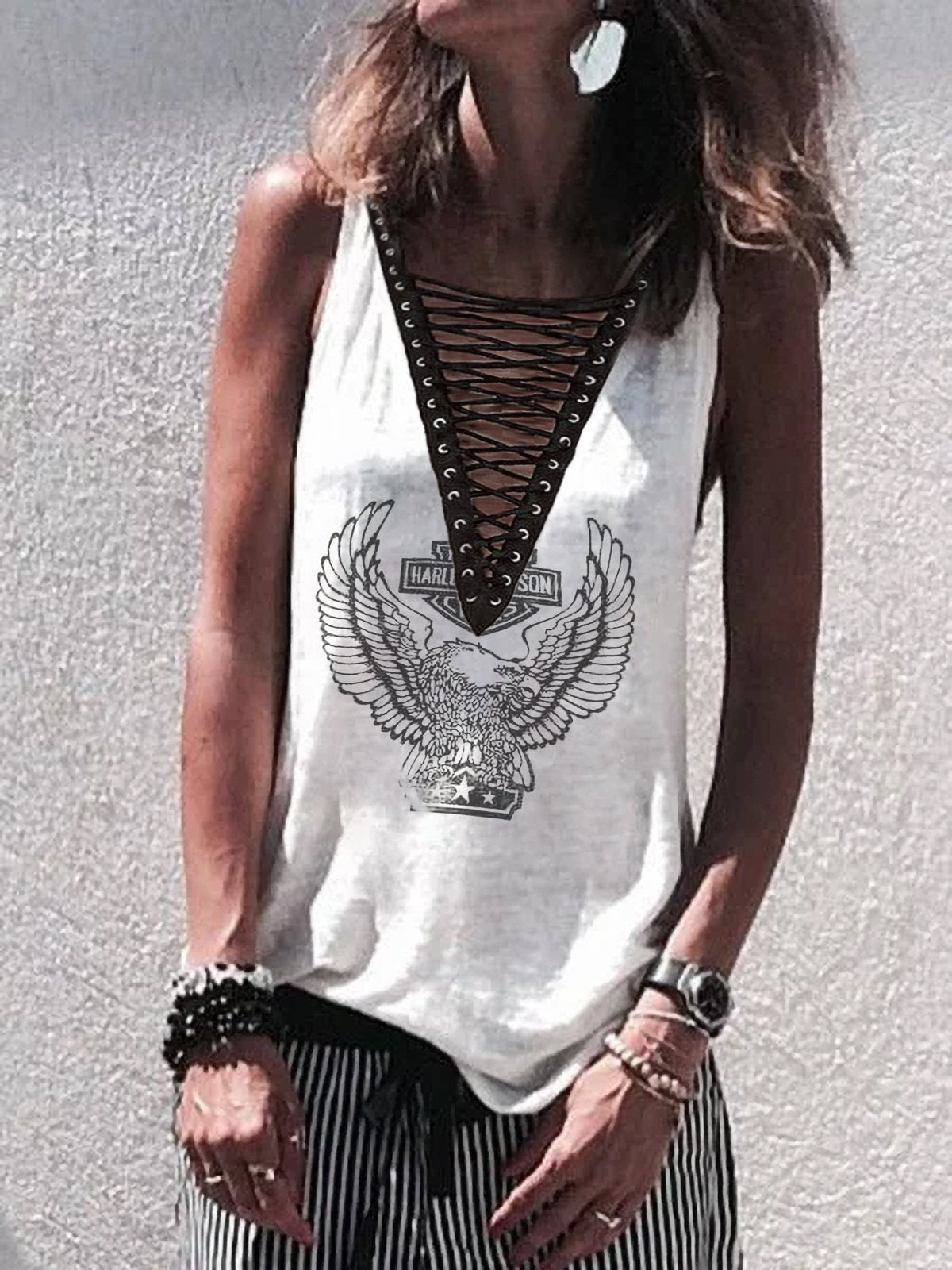 Cotton Sleeveless V Neck Abstract Shirts & Tops