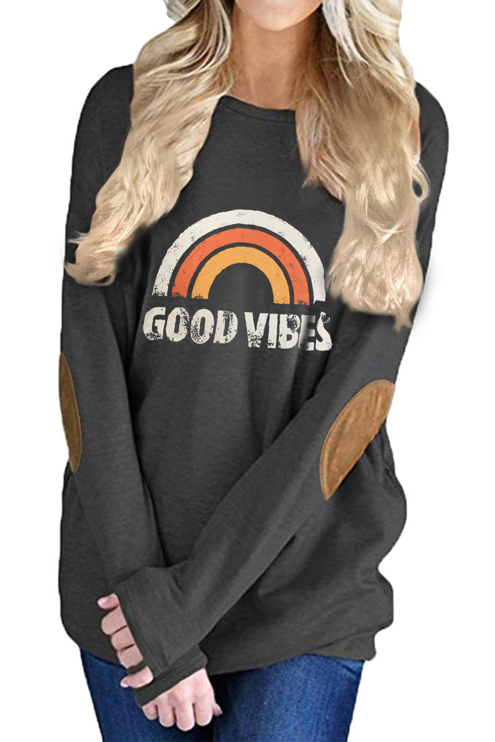 Dark Gray Crew Neck Long Sleeve Elbow Patch Sweatshirt