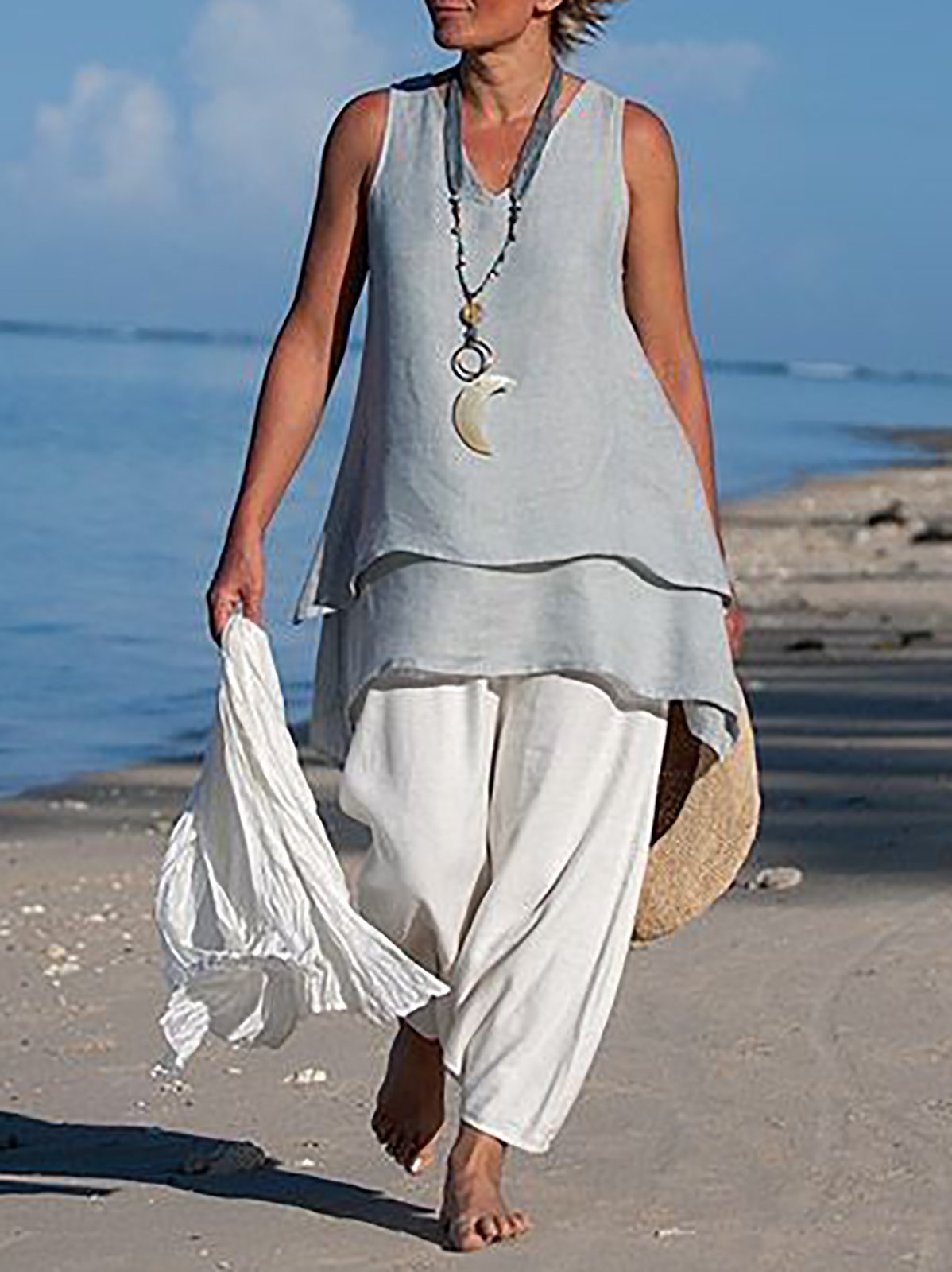 Women Casual Shirts V Neck Sleeveless Asymmetrical Tunics Blouses