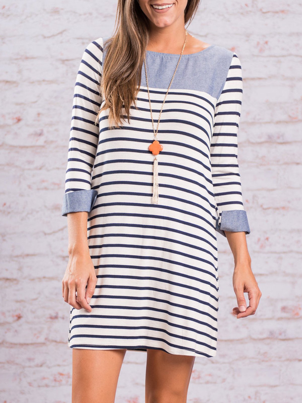 Crew Neck Shift Casual Cotton Fall Dress
