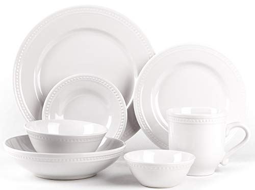 Pearl Dots Stoneware Dinnerware Set (56pc Set, White)