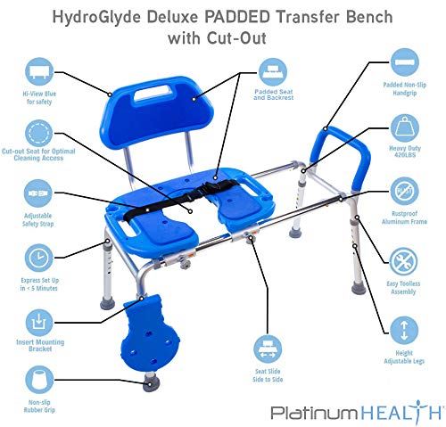 Transfer Bench and Shower Chair with Cut-Out SEAT. Adjustable Legs