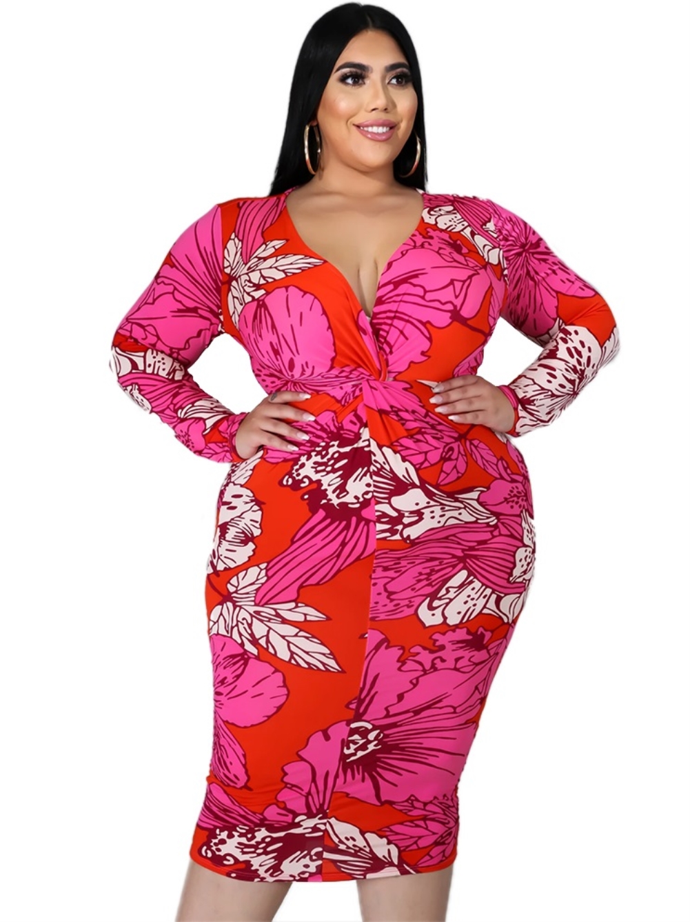 Plus Size Print V Neck Midi Dress
