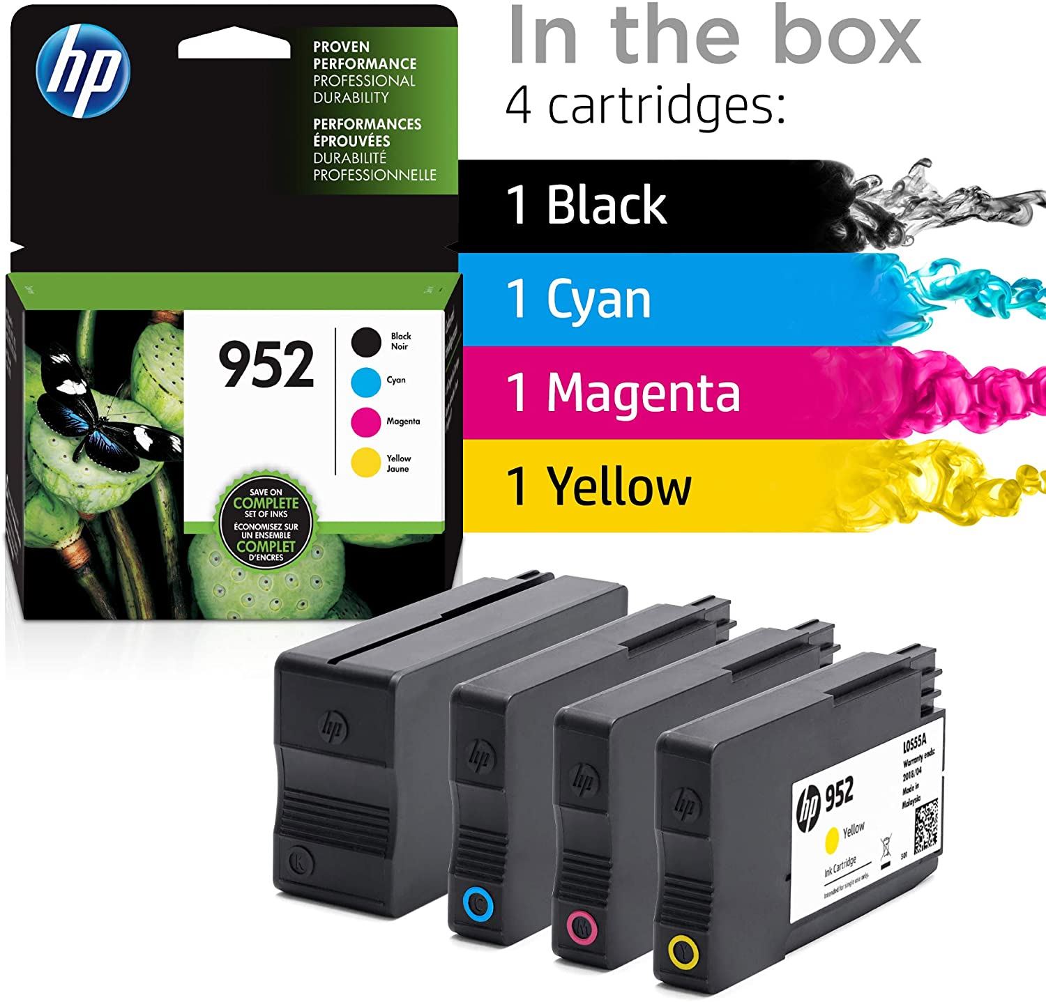 HP 952 | 4 Ink Cartridges | Black, Cyan, Magenta, Yellow | F6U15AN, L0S49AN
