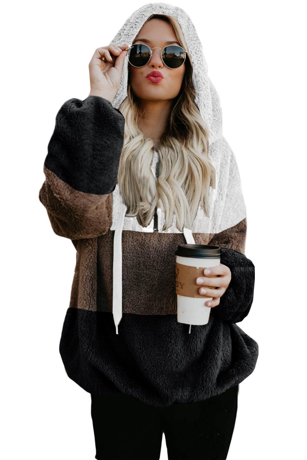 White Colorblock Soft Fluffy Hoodie