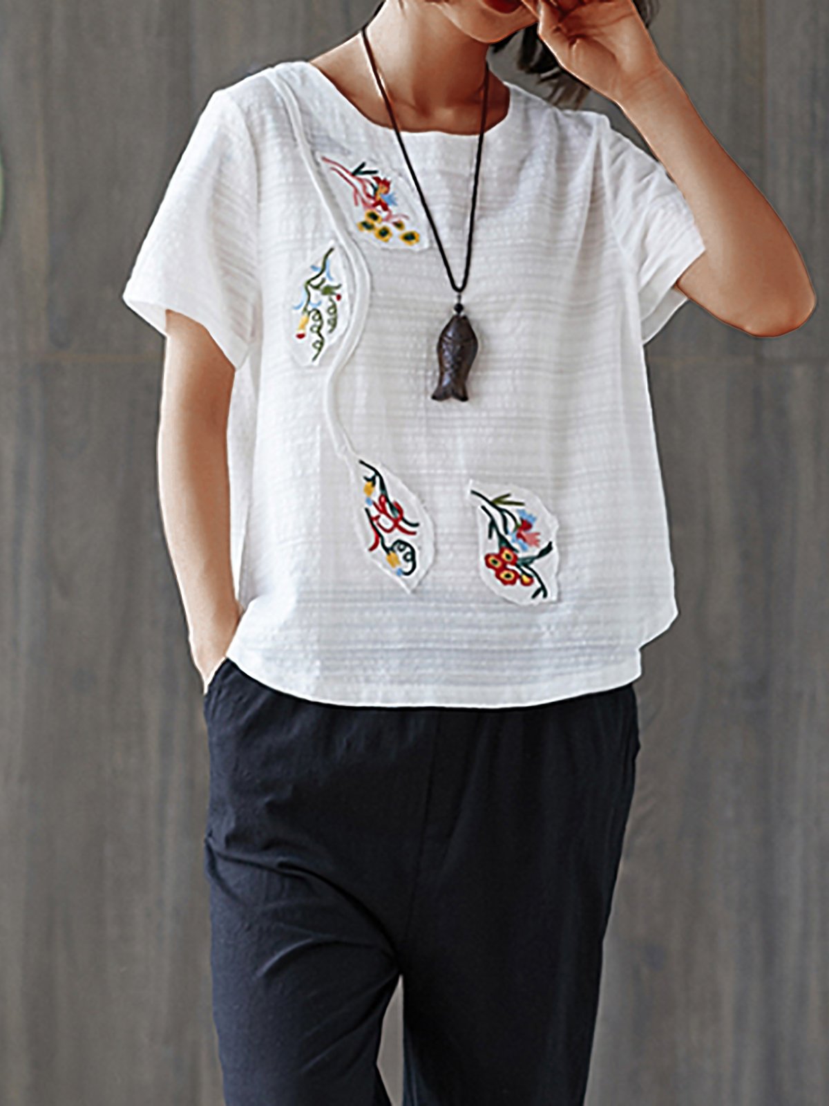 Plus Size  Women  Cotton And Linen  Floral  Short  Sleeves Round Neck  Casual  Tops