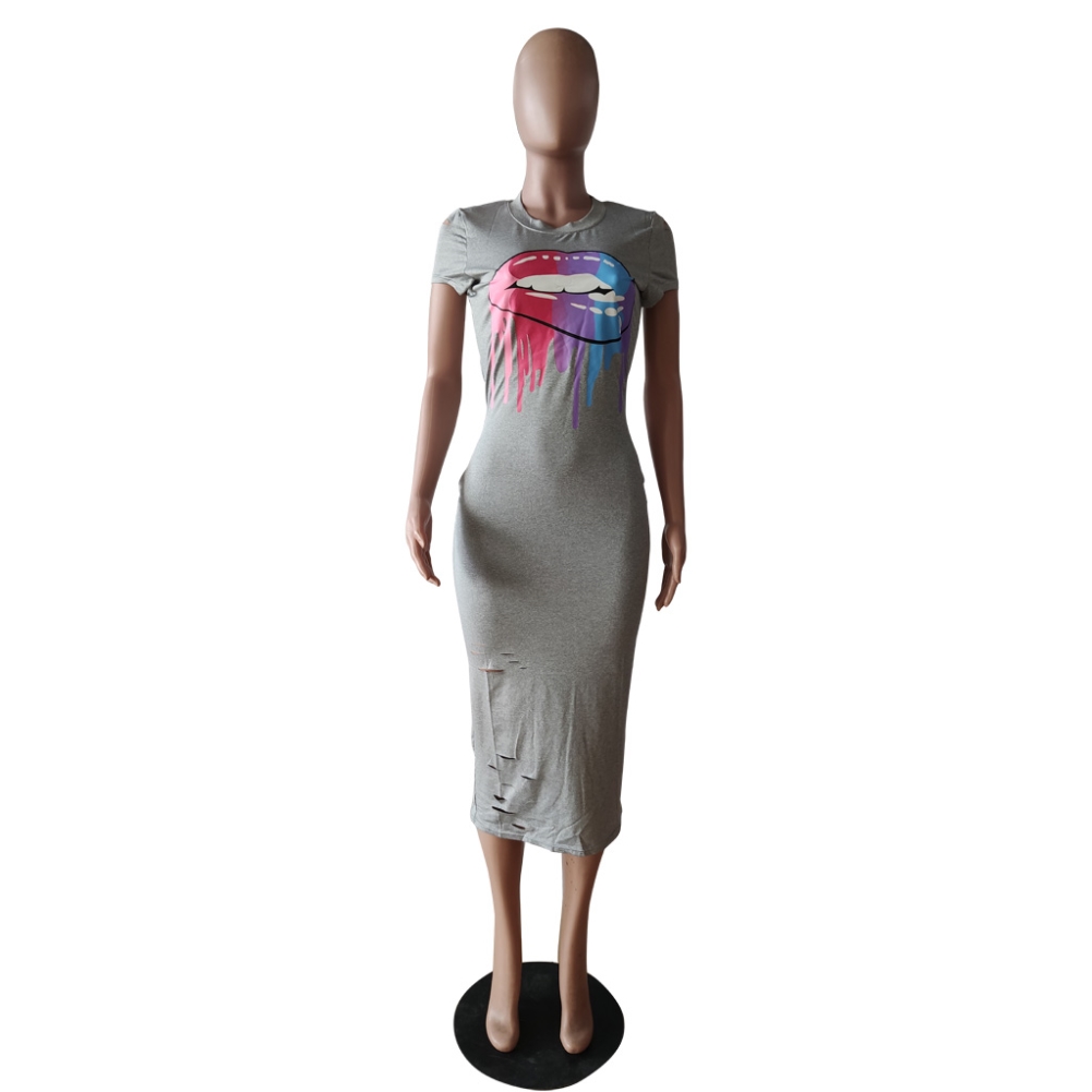 Summer Lips Print Long Shirt Dress