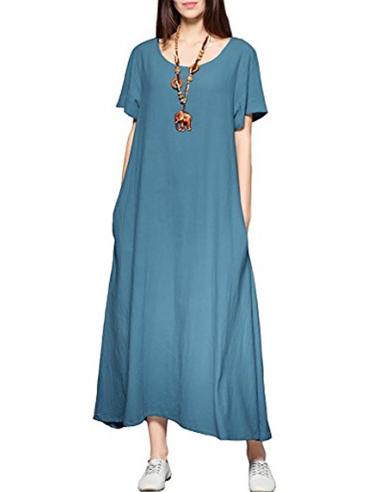 Deep Blue Basic Crew Neck Casual Dress