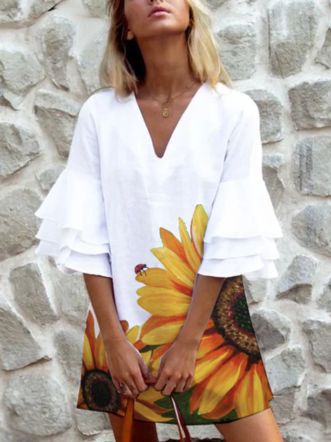 White V Neck Frill Sleeve Dresses