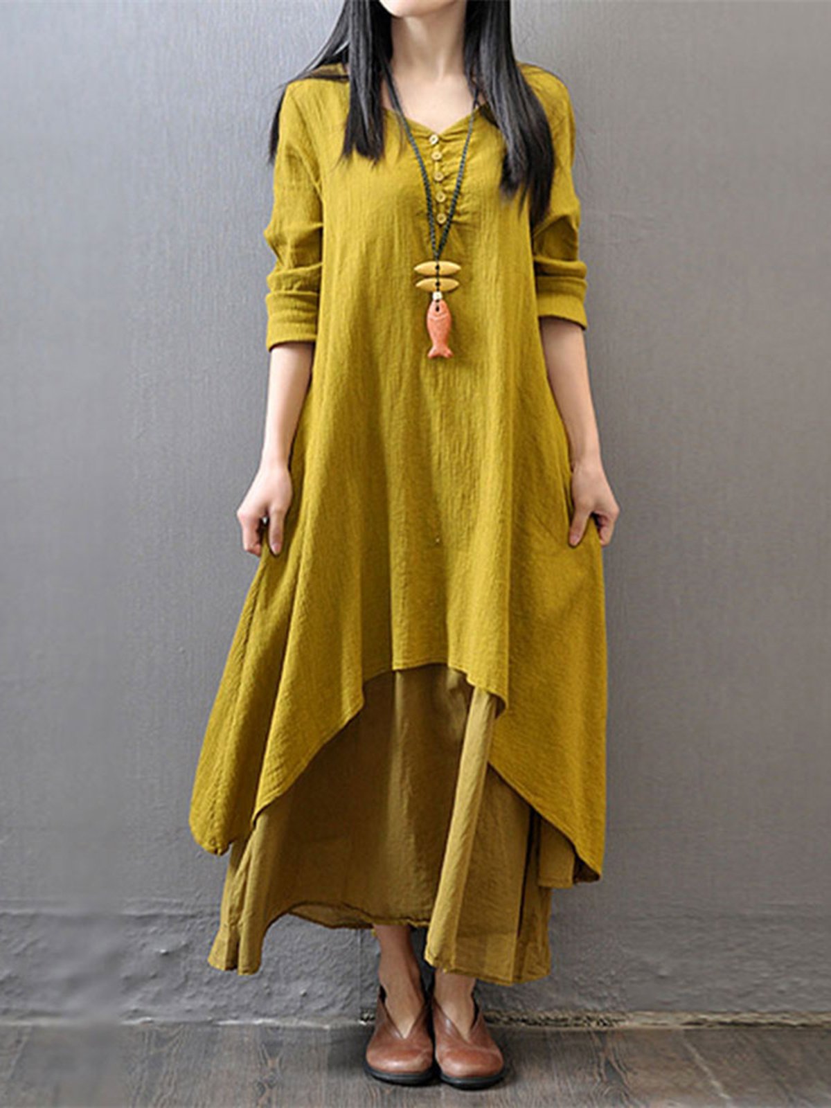 Plus Size Crew Neck Women Dress Asymmetrical Daytime Solid Linen Maxi Dress