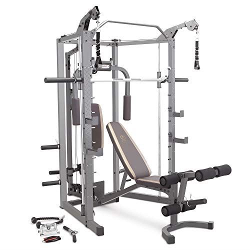 Marcy Smith Cage Machine with Workout Bench and Weight Bar- Black