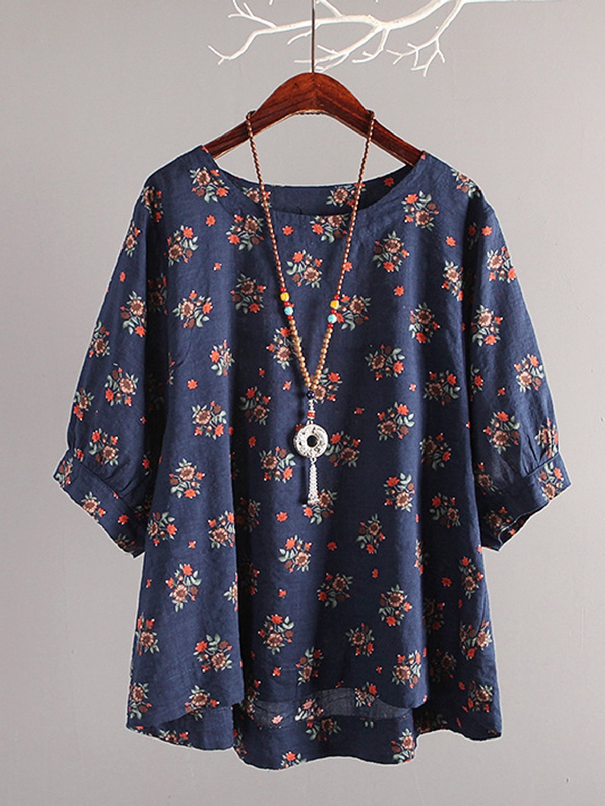 Crew Neck Casual Floral Balloon Sleeve Casual Tops