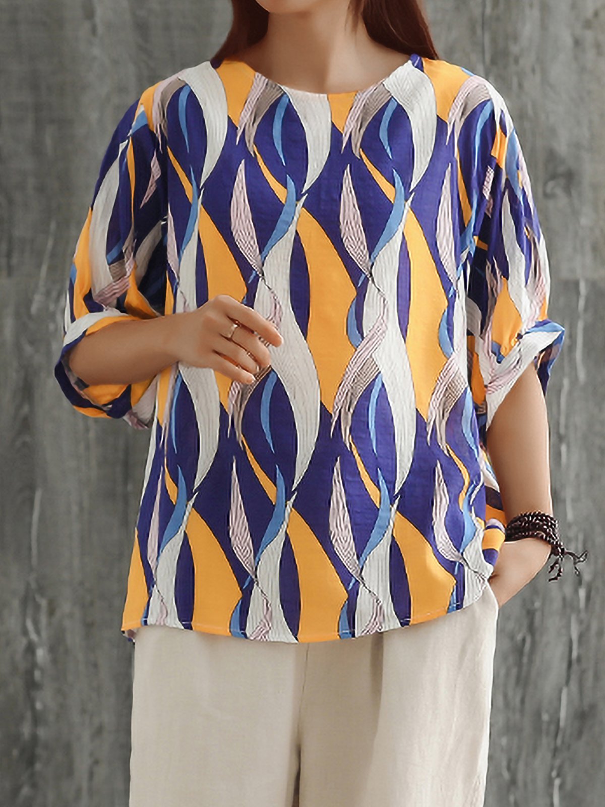 Plus Size Women Cotton And Linen Round Neck Short Sleeve Vintage Floral Casual Tops