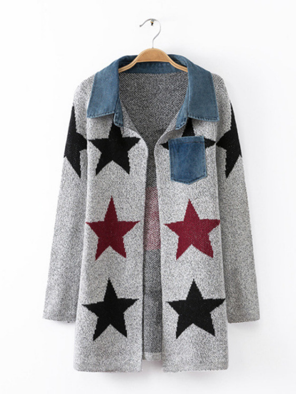 Star Wool Blend Patchwork Pockets Long Sleeve Cardigans