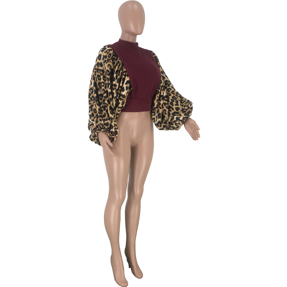 Sexy Tight Basic Top with Leopard Pop Sleeves