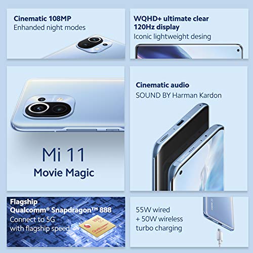 小米 Mi 11 5G - 智能手机 8GB+256GB,6.8英寸 WQHD+ AMOLED 四弧形点显示屏,Snapdragon 88,108MP + 13MP + 5MP 三重摄像头,46000mAh,午夜灰(官方版) + 2年小米保修)