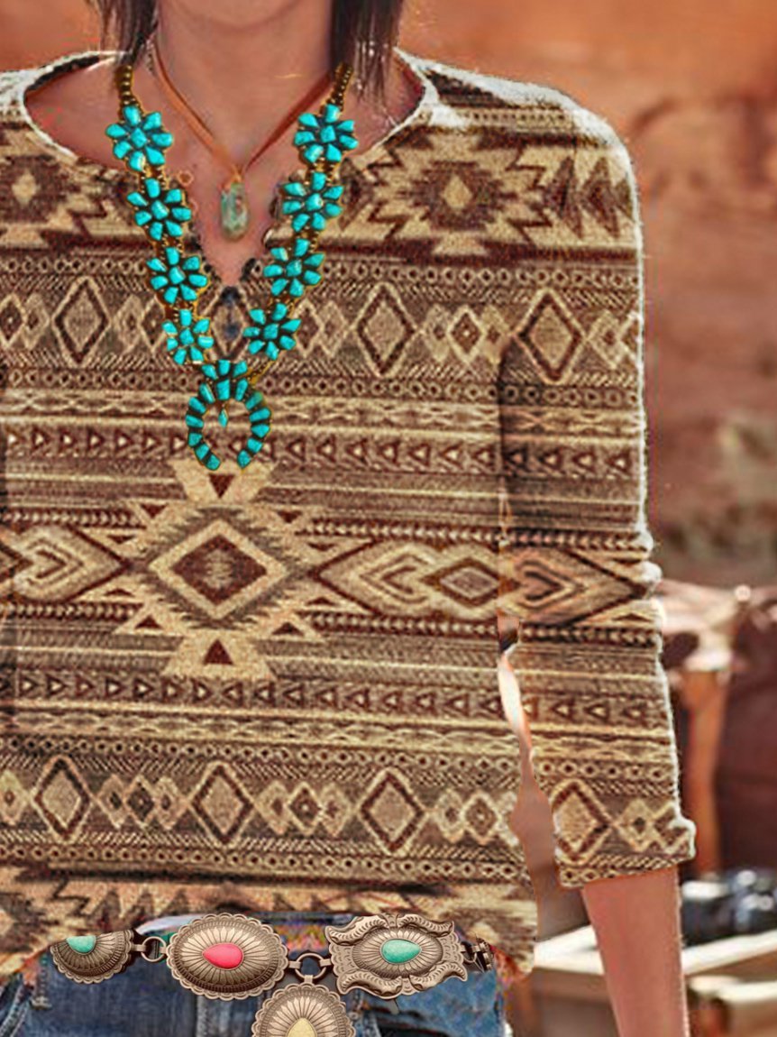Geometric Vintage Long Sleeve V Neck Shirts & Tops