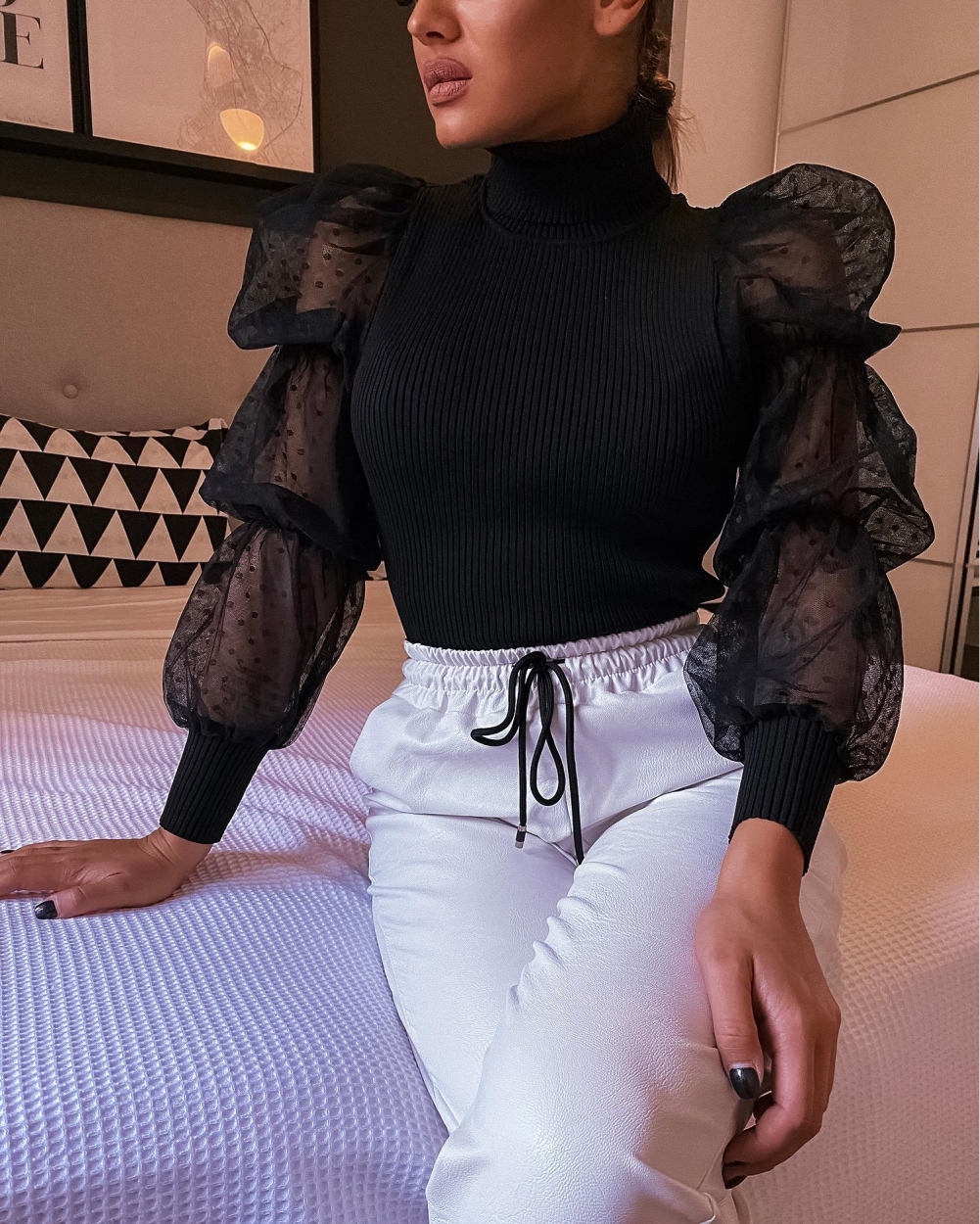 Black Knitted Basic Top with Mesh Sleeves