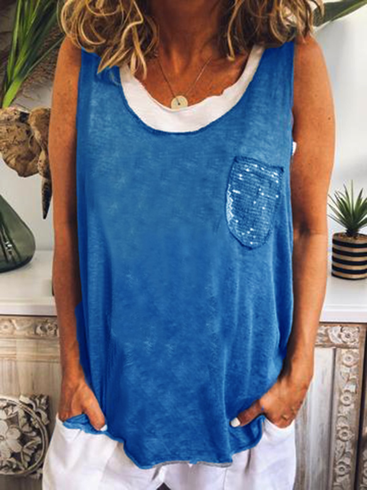 Sleeveless Plain Casual Cotton-Blend Shirts & Tops