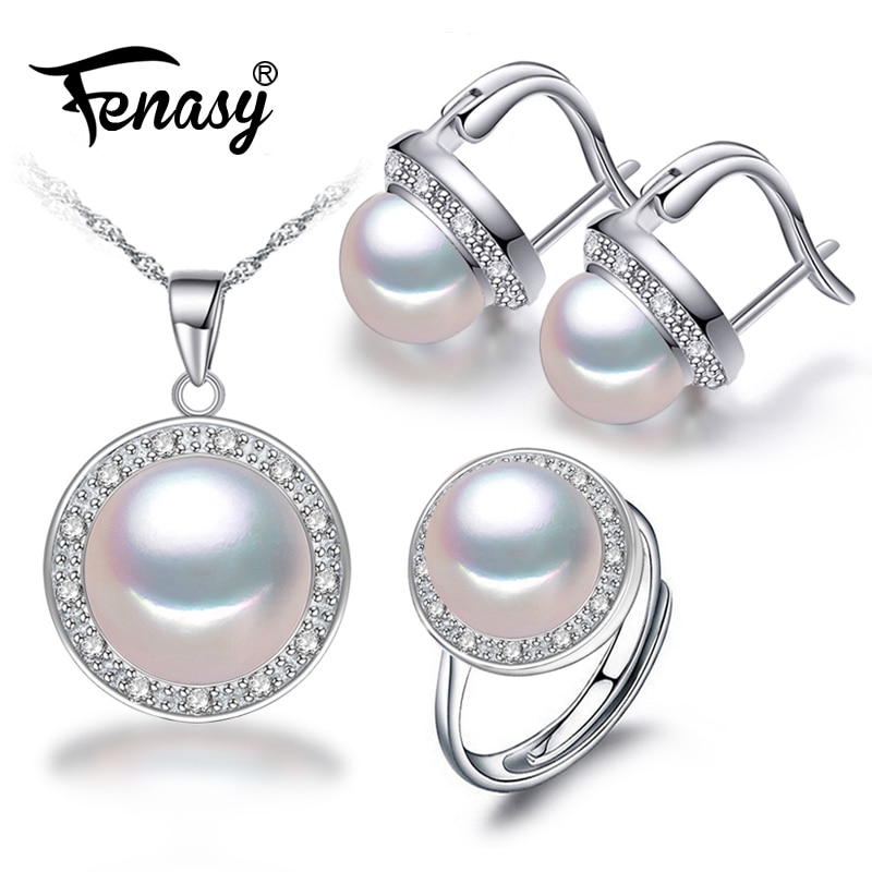FENASY Freshwater pearl jewelry sets for women fashion trendy s925 sterling silver necklace & pendant earrings ring 2018 new